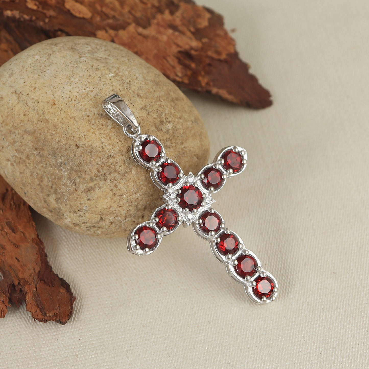 Natural Garnet Cross Pendant-925 Sterling Silver Pendant-Garnet Criss Cross Pendant-January Birthstone-Garnet Holy Cross Pendant for Her