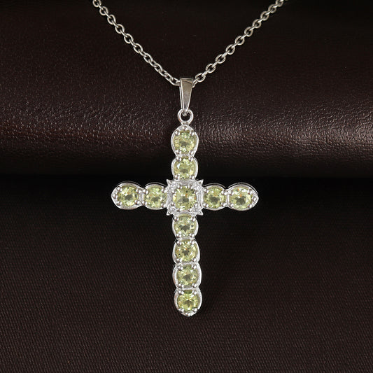 Natural Lemon Topaz Cross Pendant-925 Sterling Silver Cross-Round Gemstone Cross-Lemon Topaz Holy Cross Pendant-Christmas Gift for Her
