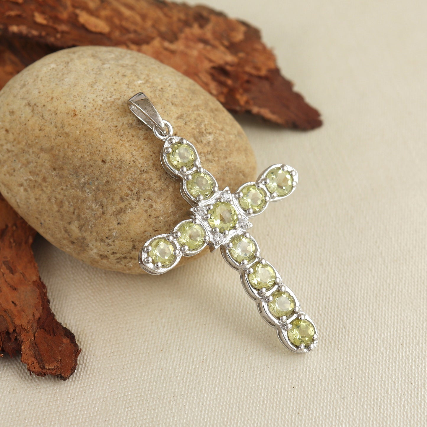 Natural Lemon Topaz Cross Pendant-925 Sterling Silver Cross-Round Gemstone Cross-Lemon Topaz Holy Cross Pendant-Christmas Gift for Her