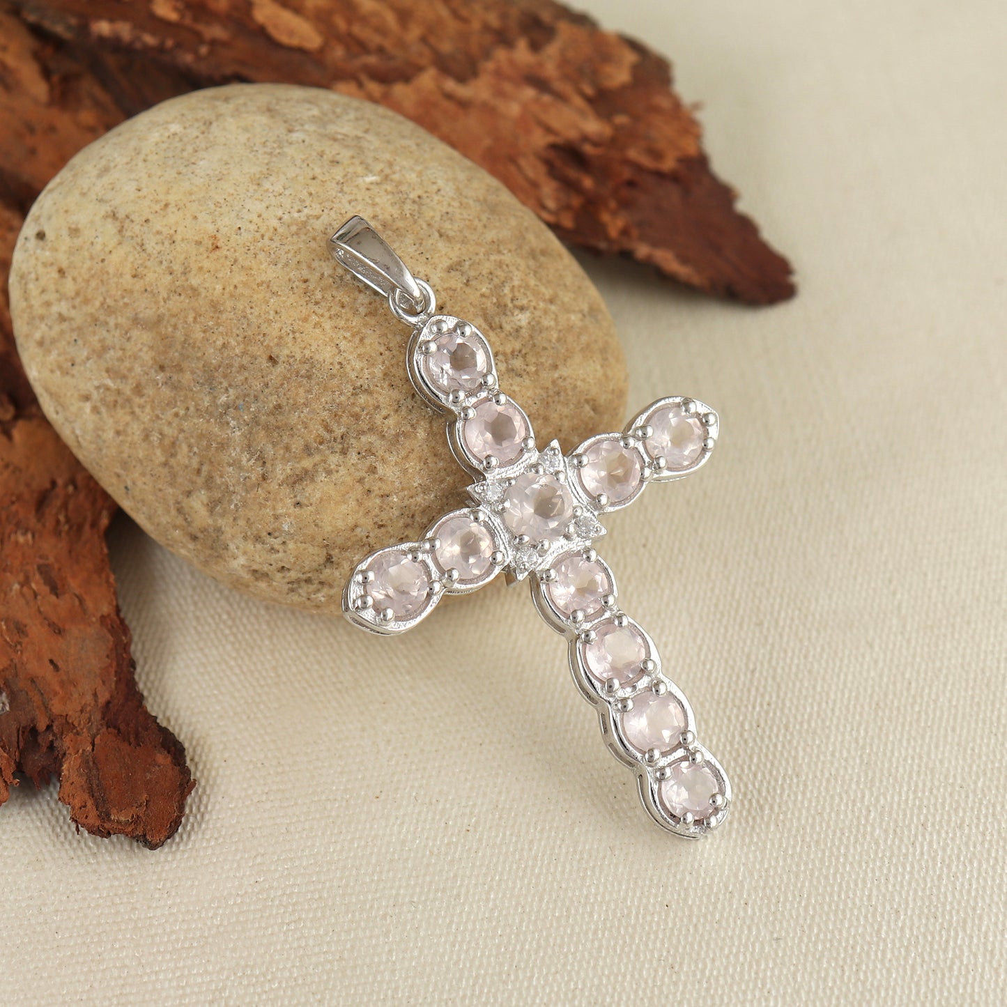 Rose Quartz Cross Pendant-925 Sterling Silver-Holy Cross Pendant-Charm Pendant-Rose Quartz Jewelry-January Birthstone Pendant-Gift for Her