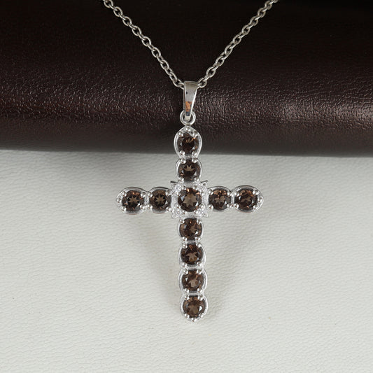 Natural Smoky Quartz Cross Pendant-925 Sterling Silver Necklace-June Birthstone-Holy Cross Pendant-Smoky Quartz Jewelry-Gift for Her