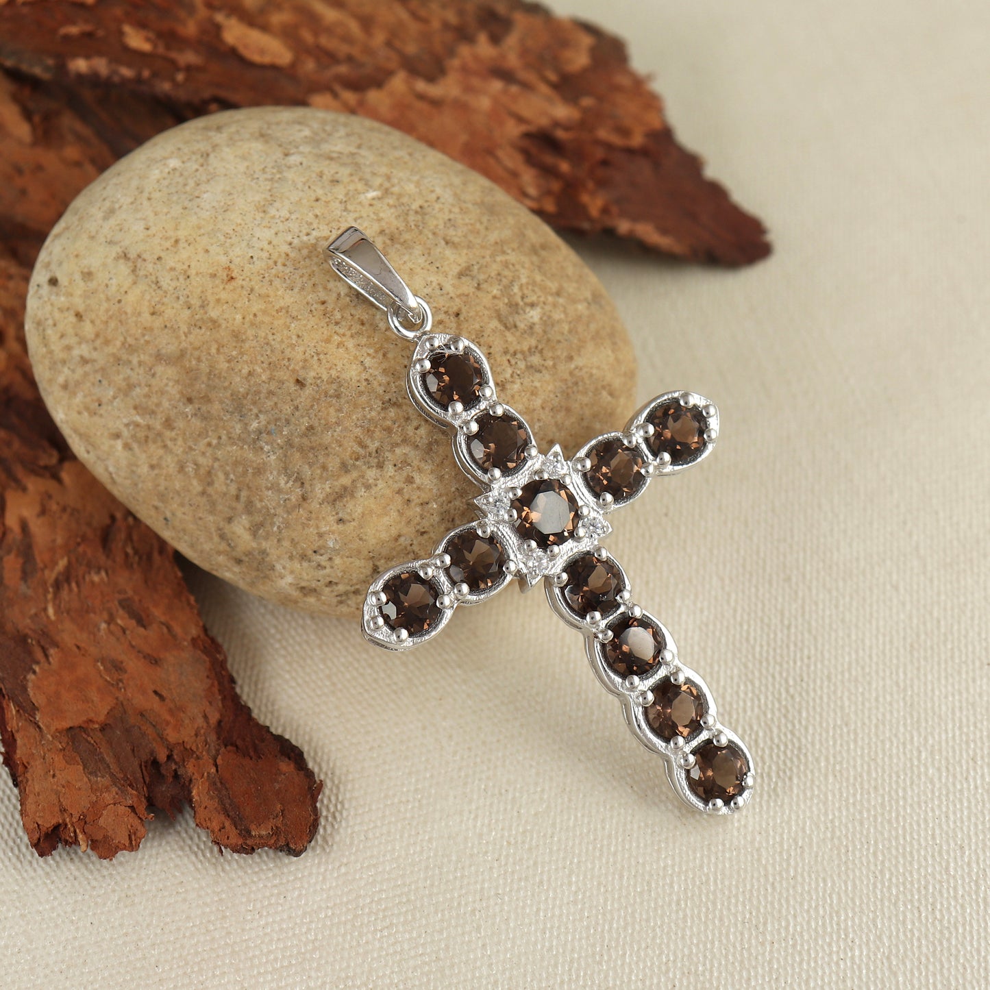Natural Smoky Quartz Cross Pendant-925 Sterling Silver Necklace-June Birthstone-Holy Cross Pendant-Smoky Quartz Jewelry-Gift for Her