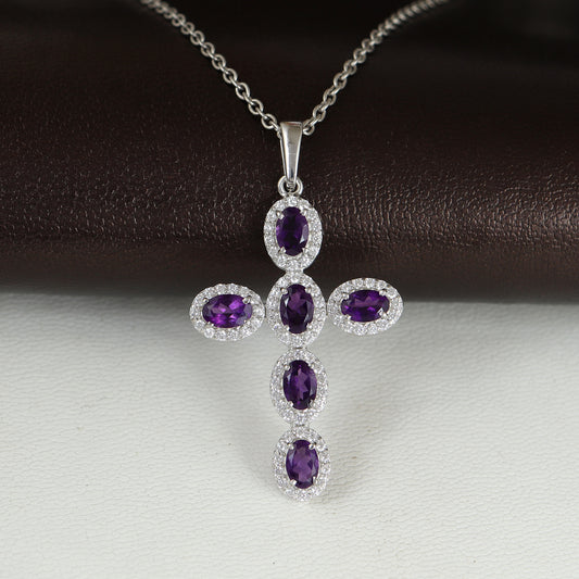 Natural Amethyst Cross Pendant-925 Sterling Silver Criss Cross-Amethyst Gemstone Pendant-Amethyst Holy Cross Pendant-Christmas Gift for Her