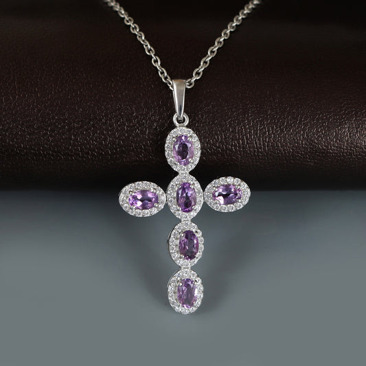 Natural Amethyst Cross Holy Pendant-925 Sterling Silver Criss Cross-Amethyst Cluster Pendant-Amethyst Cross Pendant-Christmas Gift for Her