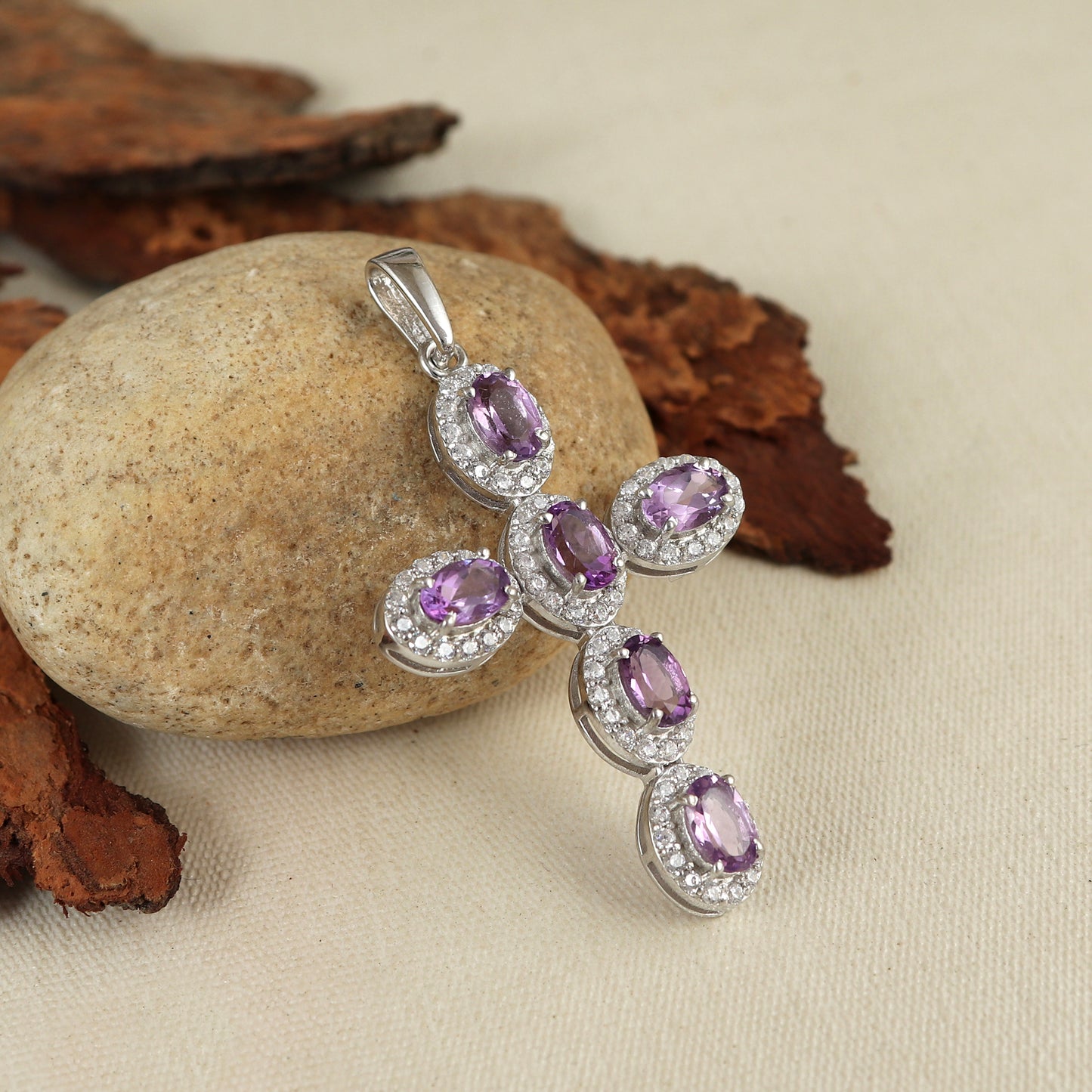 Natural Amethyst Cross Holy Pendant-925 Sterling Silver Criss Cross-Amethyst Cluster Pendant-Amethyst Cross Pendant-Christmas Gift for Her