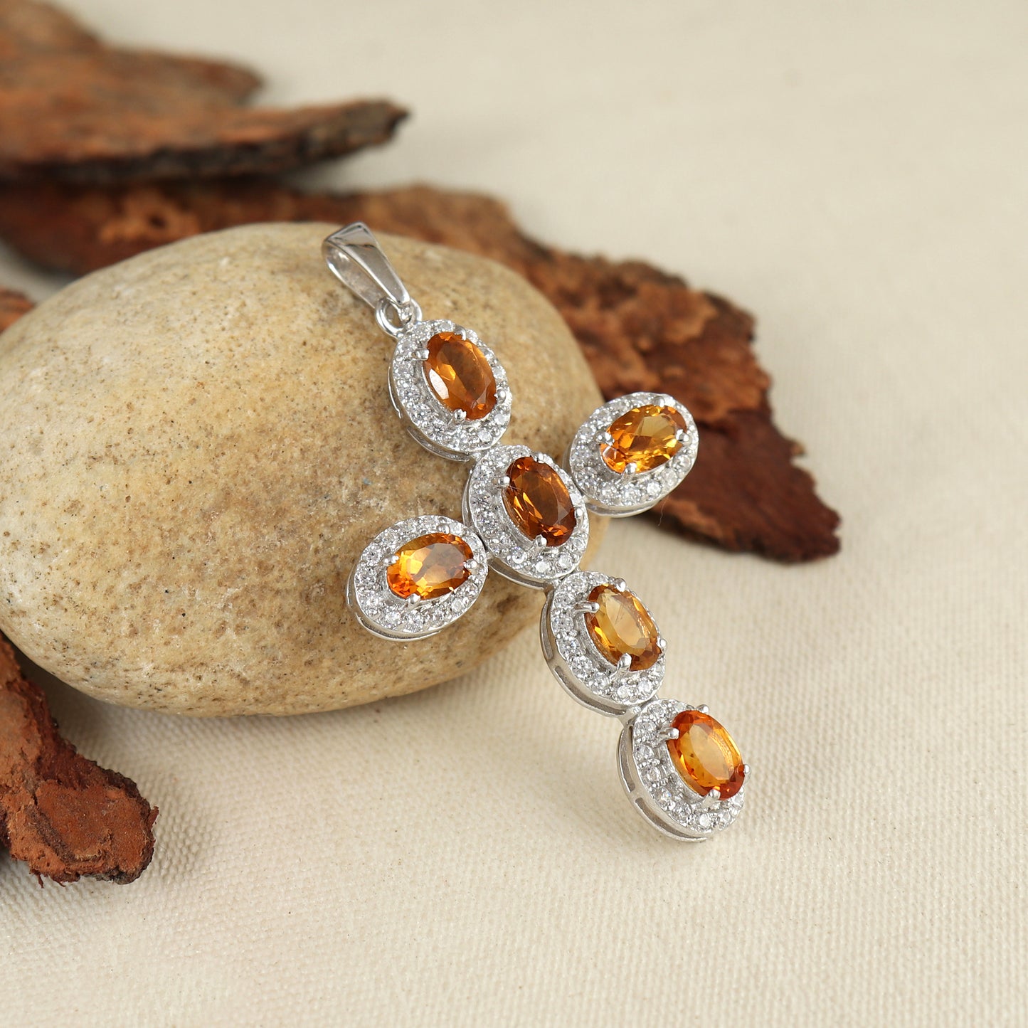 Natural Citrine Cross Pendant-925 Sterling Silver Pendant-Citrine Cross Pendant-Criss Cross Oval Gemstone Pendant-Wedding Gift for Her