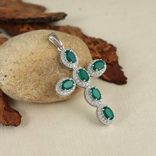 Green Onyx Cross Pendant-925 Sterling Silver Cluster Pendant-Oval Cut Gemstone Pendant-Criss Cross Pendant-Green Onyx Holy Cross Pendant