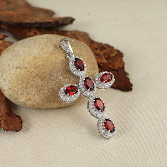 Natural Garnet Cross Pendant-925 Sterling Silver Criss Cross-Oval Garnet Gemstone Pendant- Garnet Holy Cross Pendant-Christmas Gift for Her