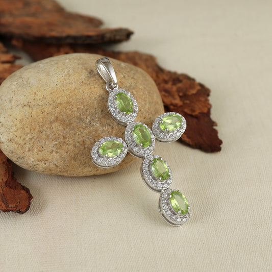 Natural Peridot Cross Pendant-925 Sterling Silver Cross-Oval Peridot Gemstone Pendant-Peridot Holy Cross Pendant-Christmas Gift for Her