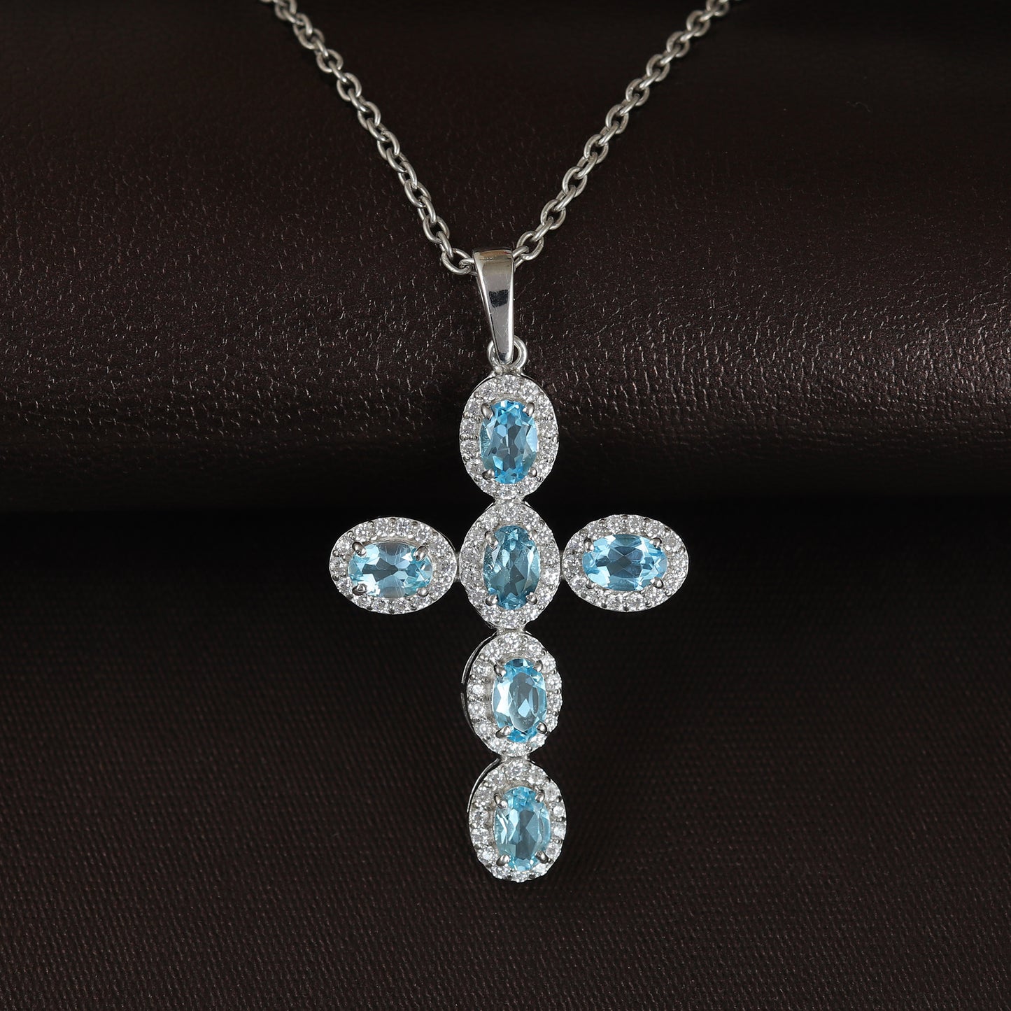 Swiss Blue Topaz Cross Pendant-925 Sterling Silver Cross-Oval Cut Gemstone Cross Pendant-Swiss Blue Topaz Holy Cross Pendant-Gift for Her