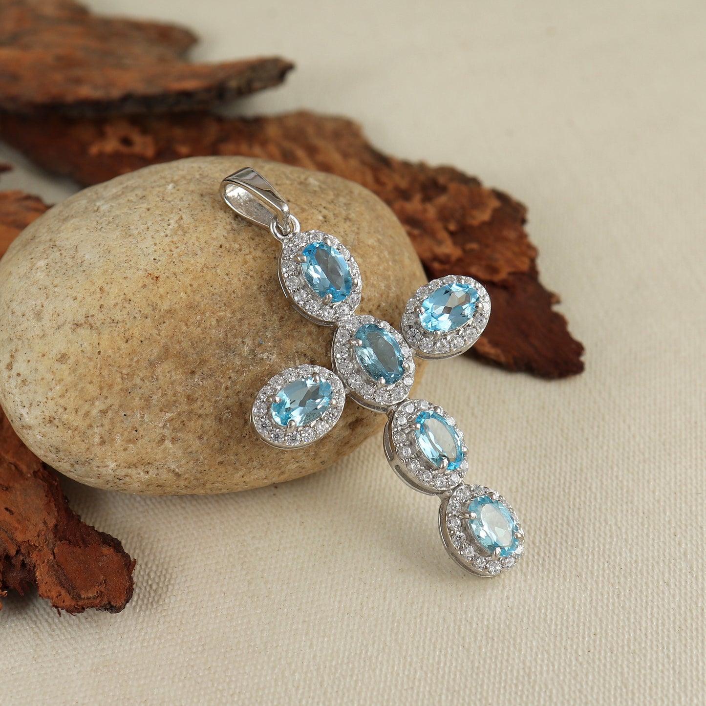 Swiss Blue Topaz Cross Pendant-925 Sterling Silver Cross-Oval Cut Gemstone Cross Pendant-Swiss Blue Topaz Holy Cross Pendant-Gift for Her