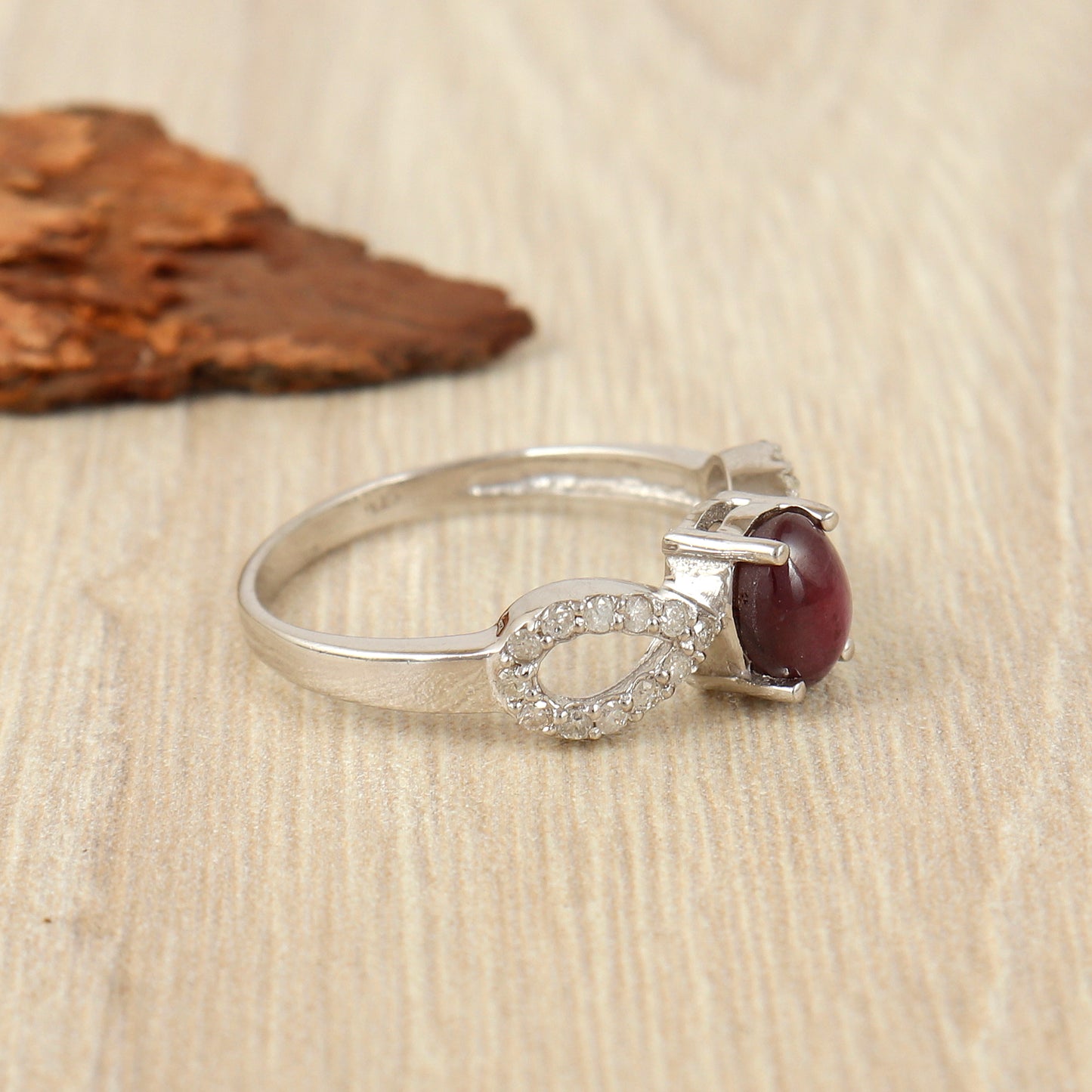 Natural Star Ruby & Diamond Ring 925 Sterling Silver Oval Cabochon Gemstone Ring Wedding Gift for Her