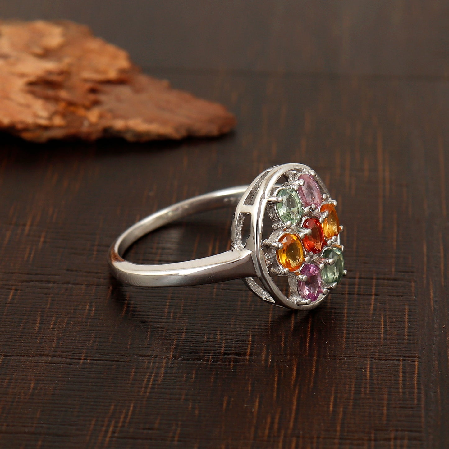 Natural Multi Sapphire Oval Cut Gemstone Ring 925 Sterling Silver Floral Sapphire Ring Engagement Gift for Fiancée