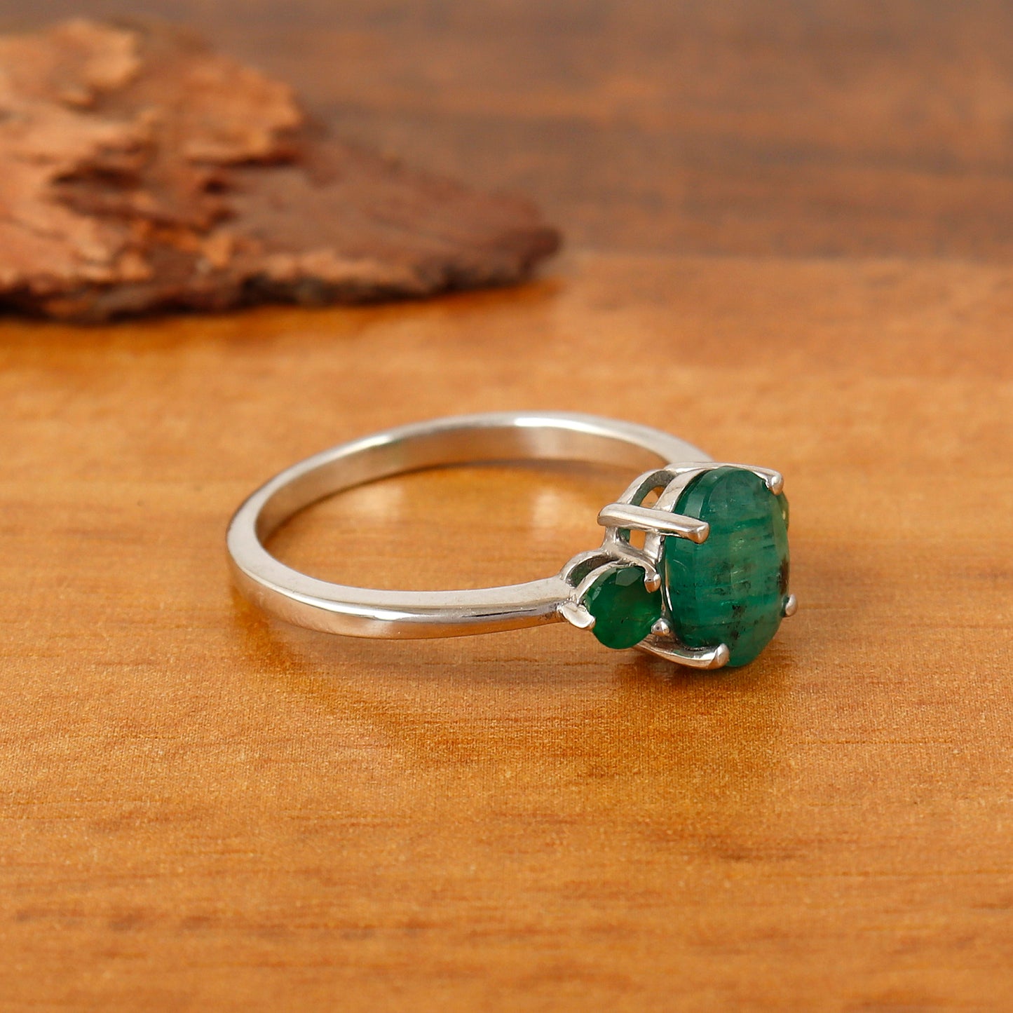 Emerald Three Stone Ring 925 Sterling Silver May Birthstone Ring Engagement Ring Gift for Her