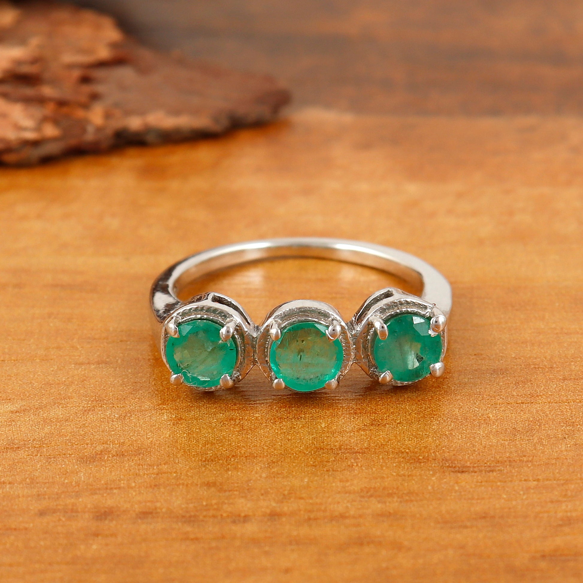 Natural Emerald 5mm Round Cut Gemstone Stackable Ring May Birthstone Ring Three Stone Ring Wedding Gift for Her