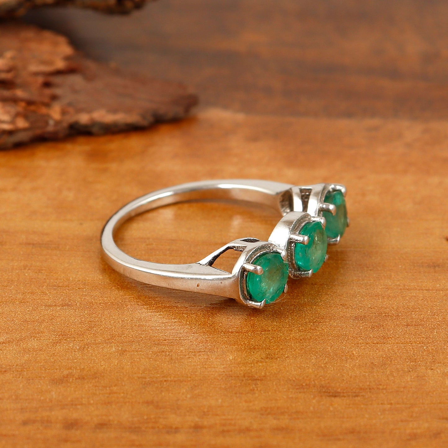 Natural Emerald 5mm Round Cut Gemstone Stackable Ring May Birthstone Ring Three Stone Ring Wedding Gift for Her