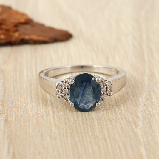 Natural Blue Sapphire Ring-925 Sterling Silver Ring-Diamond Ring-Oval Cut Gemstone Ring-Sapphire Silver Ring-Wedding Gift-Sapphire Jewelry