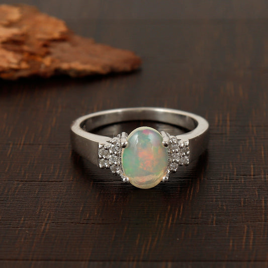 Natural Ethiopian Opal Ring-925 Sterling Silver Ring-Oval Cabochon Gemstone Ring-Multi Fire Opal Ring-Dainty Opal Ring-Wedding Gift for Her