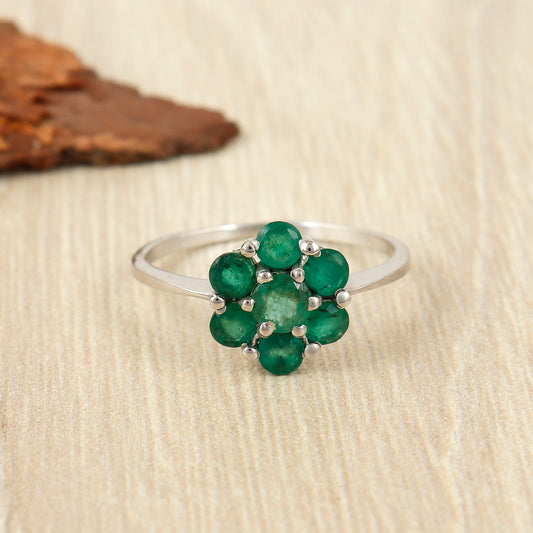 Natural Emerald Floral Ring-925 Sterling Silver Emerald Jewelry-Round Gemstone Ring-May Birthstone Ring-Emerald Vintage Ring Gift for Her