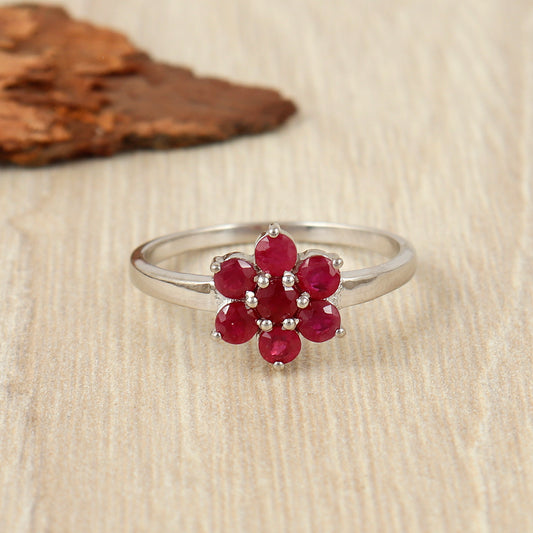 Natural Ruby Floral Ring-925 Sterling Silver-Round Gemstone Ring-July Birthstone Ring-Ruby Flower Ring-Wedding Gift for Her-Ruby Jewelry