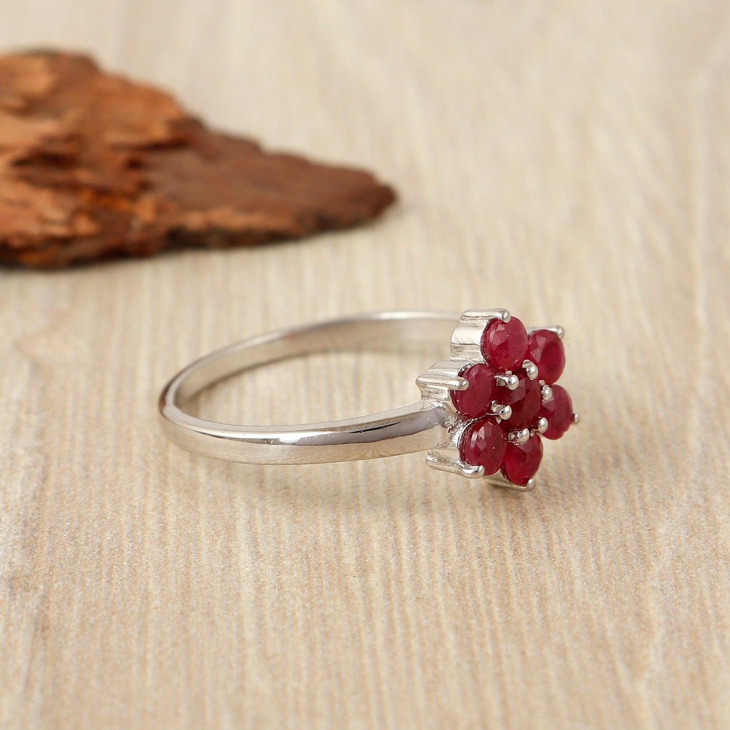 Natural Ruby Floral Ring-925 Sterling Silver-Round Gemstone Ring-July Birthstone Ring-Ruby Flower Ring-Wedding Gift for Her-Ruby Jewelry
