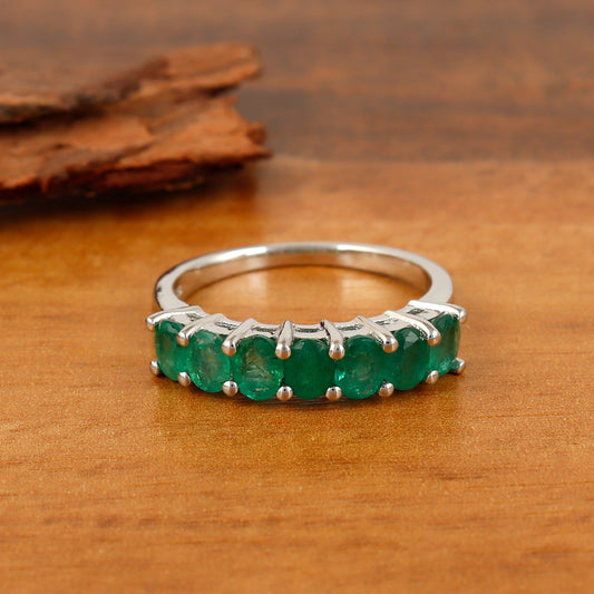 Emerald Half Eternity Band-925 Sterling Silver Ring-May Birthstone Ring-Emerald Ring-Oval Gemstone Ring-Handmade Ring-Wedding Gift for Her
