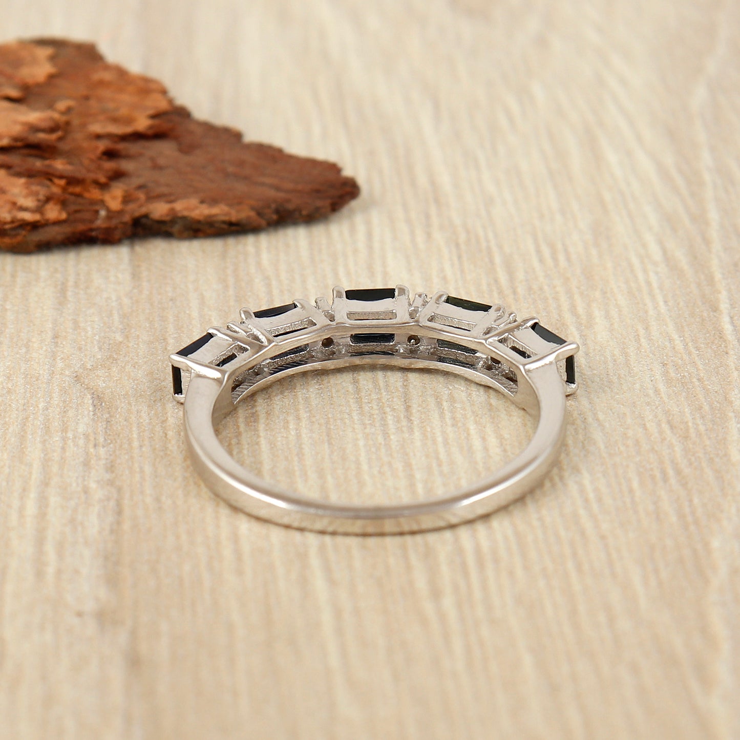 Natural Blue Sapphire Ring-925 Sterling Silver Ring-4x3mm Octagon Gemstone Ring-Diamond Ring-Sapphire Half Eternity Band-Wedding Gift Her