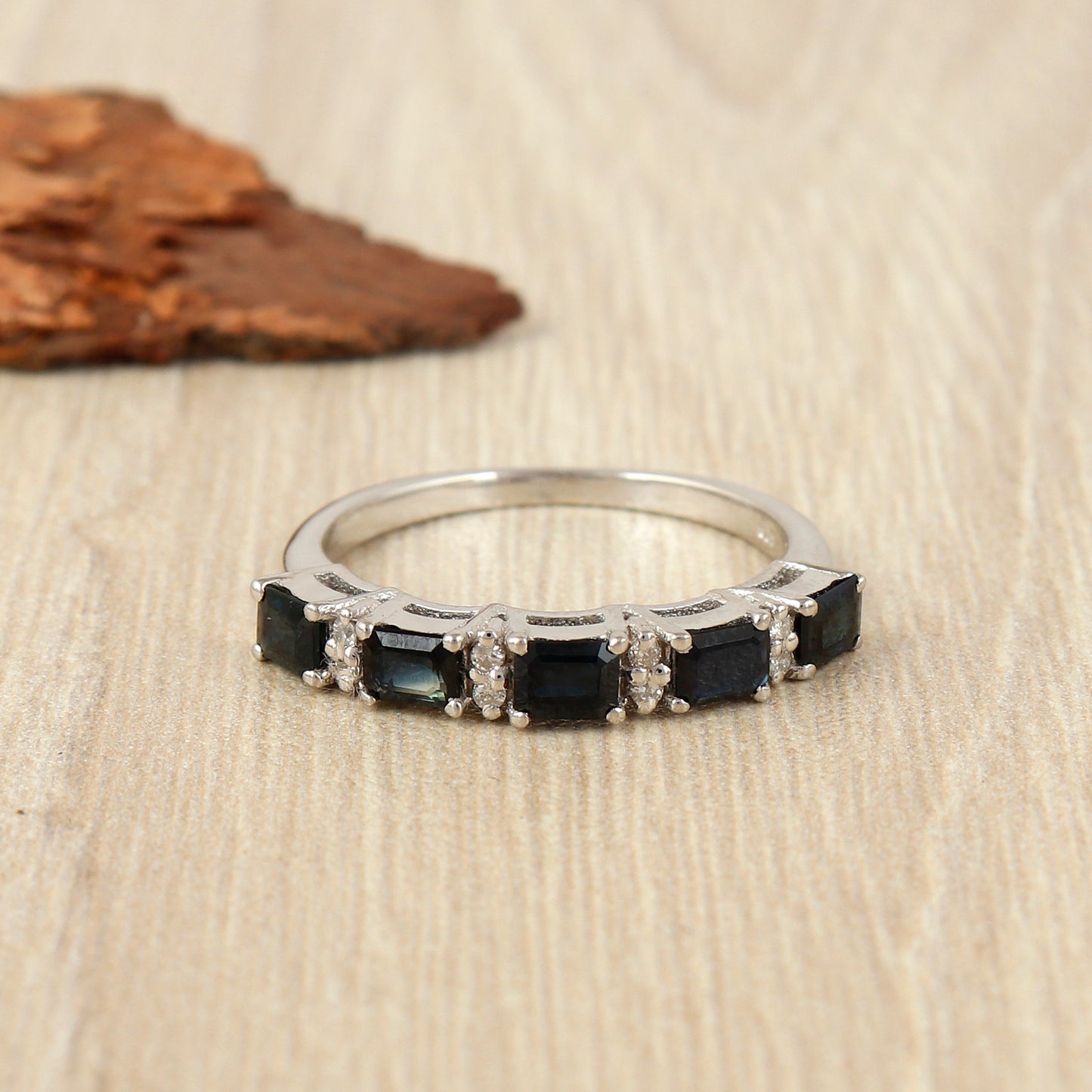 Natural Blue Sapphire Ring-925 Sterling Silver Ring-4x3mm Octagon Gemstone Ring-Diamond Ring-Sapphire Half Eternity Band-Wedding Gift Her