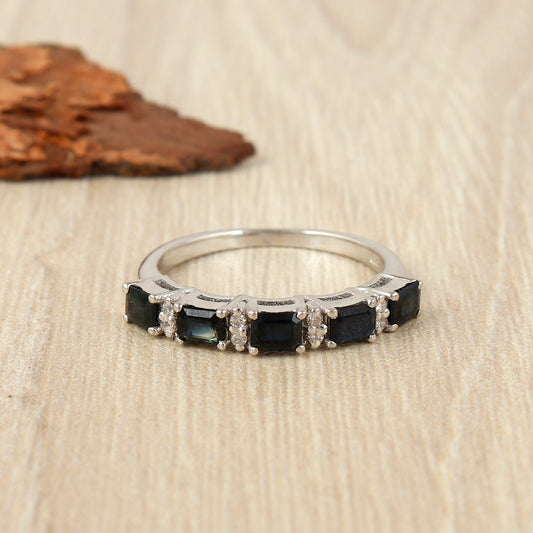 Natural Blue Sapphire Ring-925 Sterling Silver Ring-4x3mm Octagon Gemstone Ring-Diamond Ring-Sapphire Half Eternity Band-Wedding Gift Her