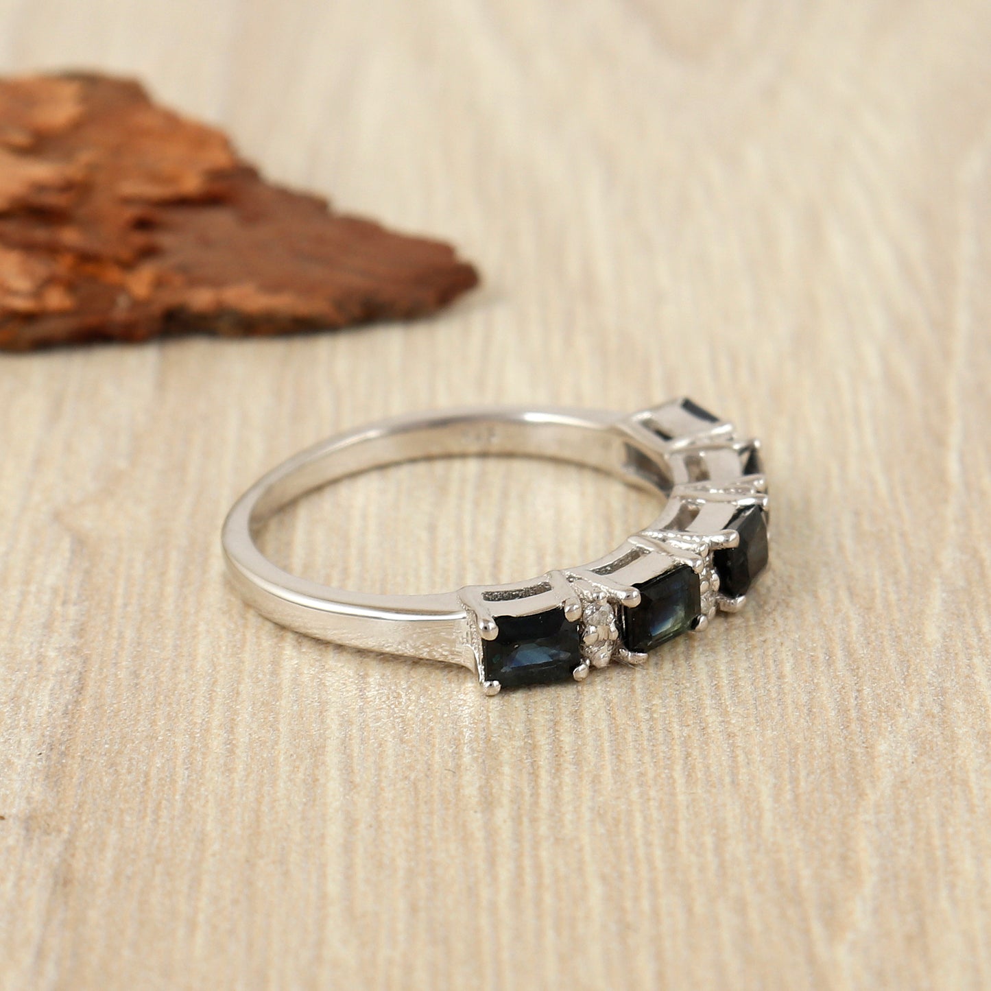 Natural Blue Sapphire Ring-925 Sterling Silver Ring-4x3mm Octagon Gemstone Ring-Diamond Ring-Sapphire Half Eternity Band-Wedding Gift Her