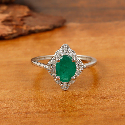 Natural Emerald Oval Cut Gemstone Ring-925 Sterling Silver Ring-Diamond Ring-May Birthstone Ring-Genuine Emerald Silver Ring-Wedding Gift
