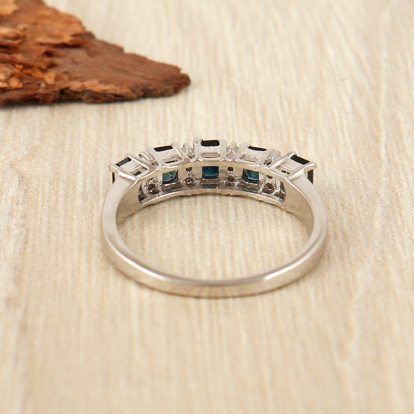 Natural Blue Sapphire Ring-925 Sterling Silver Ring-4x3mm Octagon Gemstone Ring-Diamond Ring-Sapphire Half Eternity Band-Wedding Gift Her