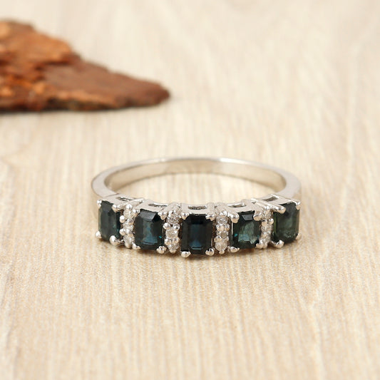 Natural Blue Sapphire Ring-925 Sterling Silver Ring-4x3mm Octagon Gemstone Ring-Diamond Ring-Sapphire Half Eternity Band-Wedding Gift Her