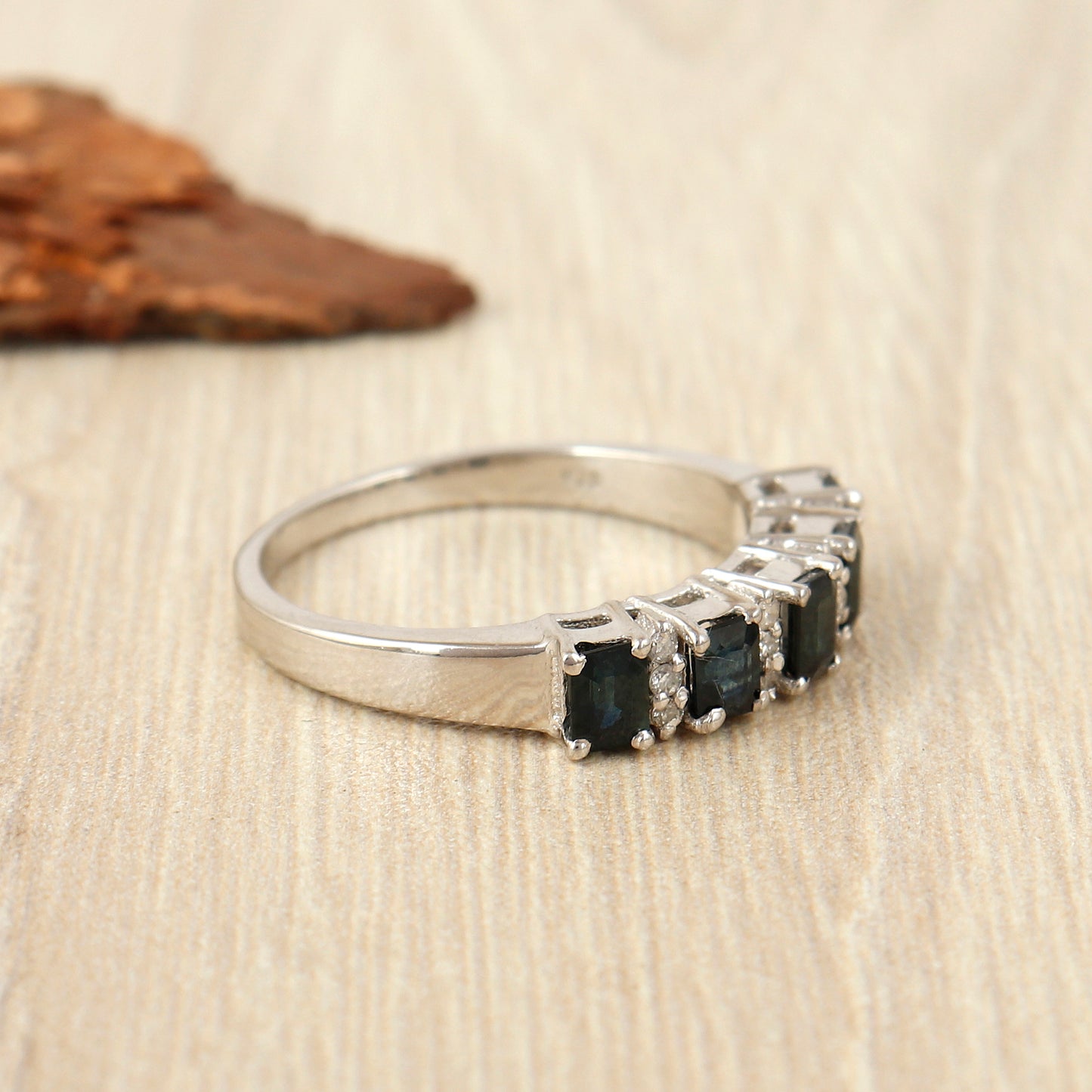 Natural Blue Sapphire Ring-925 Sterling Silver Ring-4x3mm Octagon Gemstone Ring-Diamond Ring-Sapphire Half Eternity Band-Wedding Gift Her